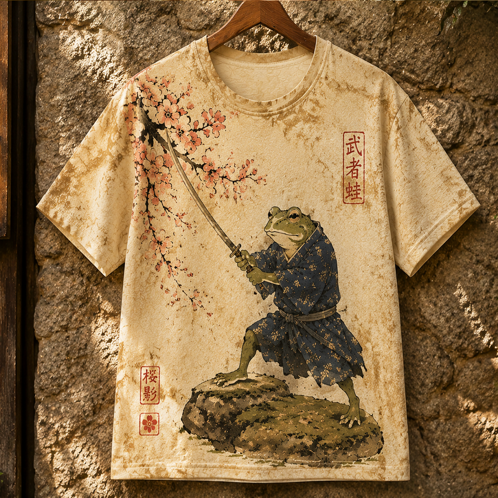 Men's Samurai Frog T-shirt - Japanese Warrior Animal Graphic Short Sleeve Tee
