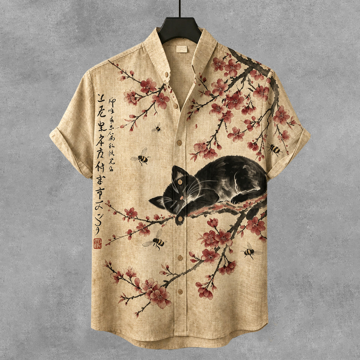 Men's Vintage Lazy Cat Sleeps In Cherry Blossom Pattern Linen Blend Casual Shirt