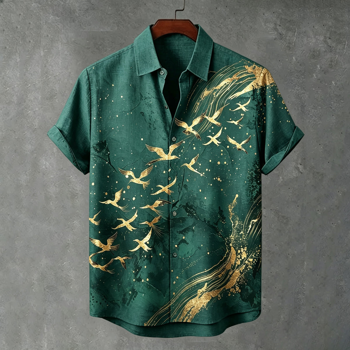 Men's Retro Japanese Crane Pattern Print Casual Linen Blend Shirt