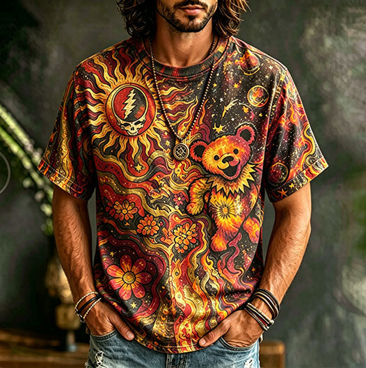 Retro Hippie Style, Washed Grateful Dead Dancing Bear Psychedelic Galaxy Sun Skull Floral Short-sleeved T-shirt