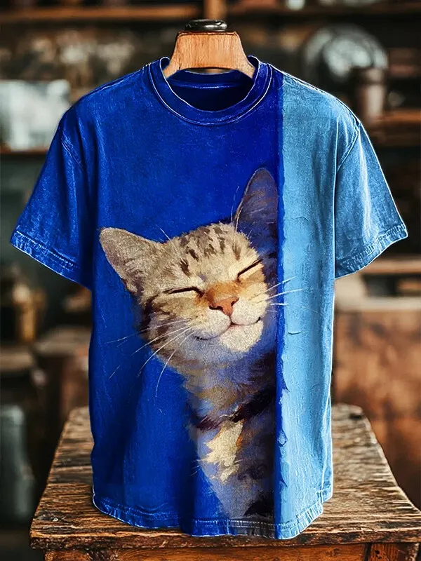 Men's Cat Looking Art Print Crew Neck Short Sleeve Casual T-shirt