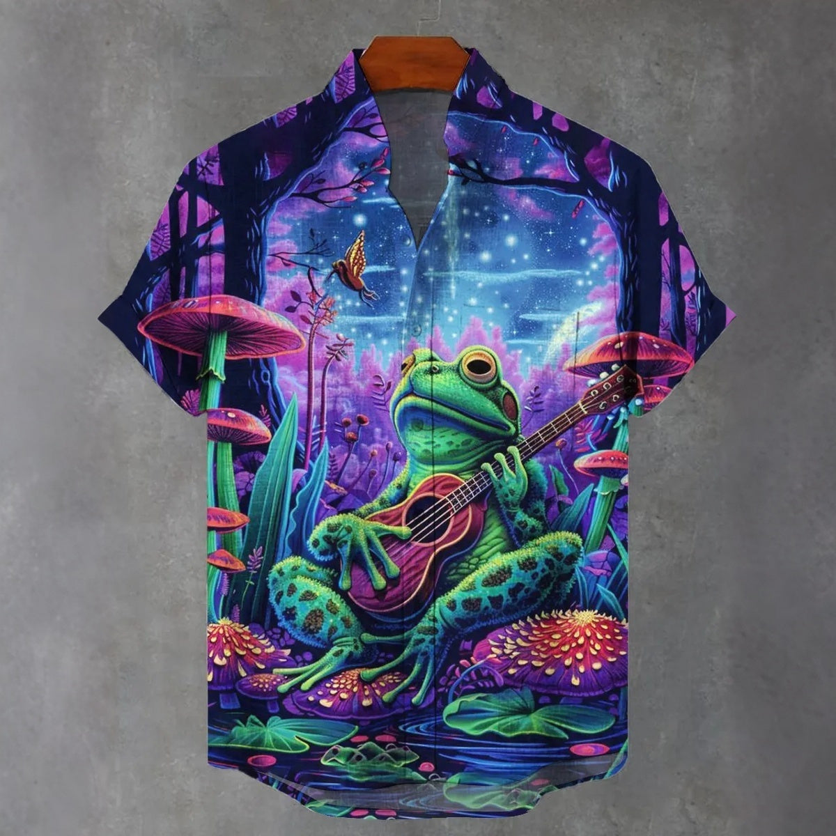 Men's Vintage Mushroom Frog Guitar Print Casual Shirt