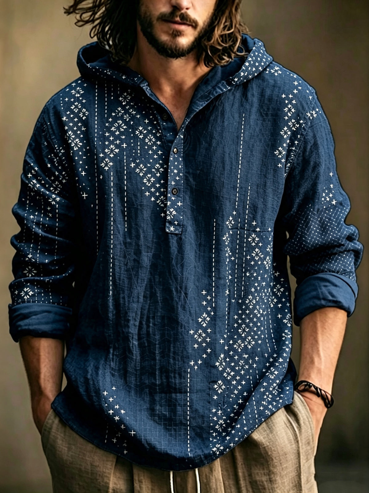 Men's Vacation Retro Printed Linen Hoodie