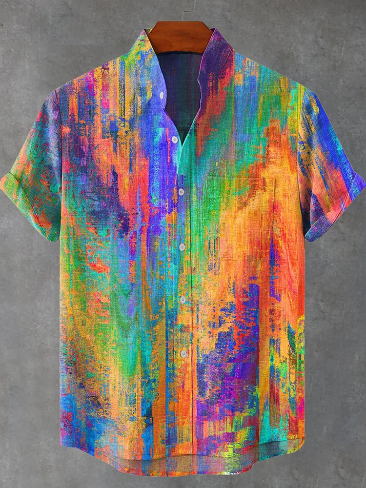 Vintage Rainbow Mottled Art Cat Print Casual Shirt