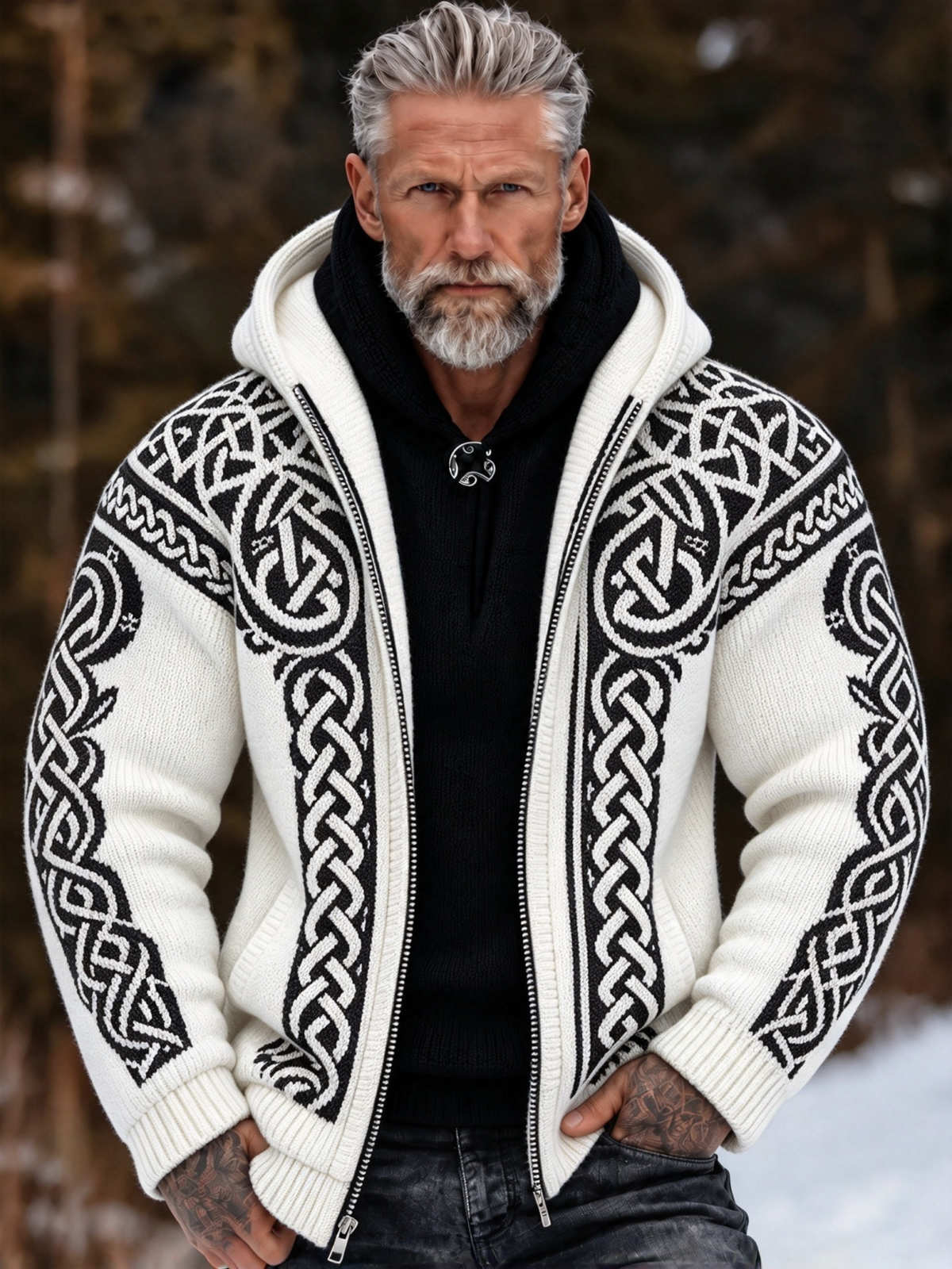 Men's Vintage Viking Celtic Knot Cozy Warm Knitted Jacquard Zipper Hooded Sweater