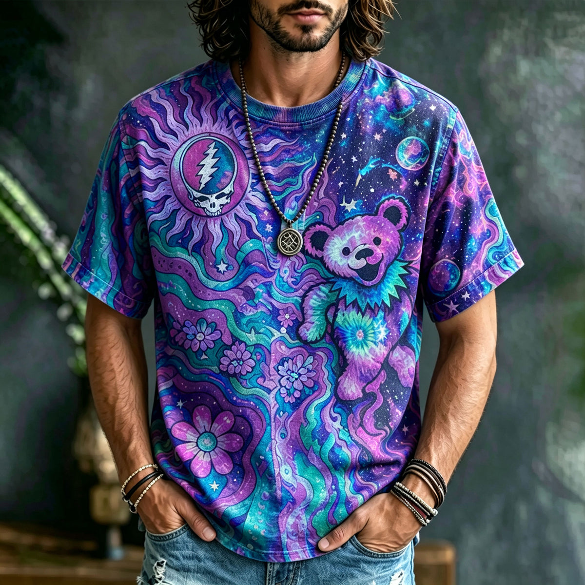 Retro Hippie Style, Washed Grateful Dead Dancing Bear Psychedelic Galaxy Sun Skull Floral Short-sleeved T-shirt