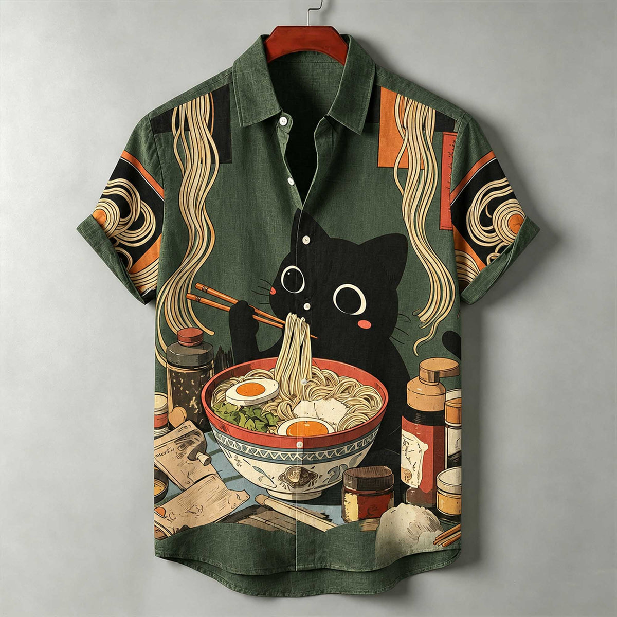 Men's Japanese Ukiyo-e Print Black Cat Eating Ramen Print Casual Loose Short-sleeve Shirt