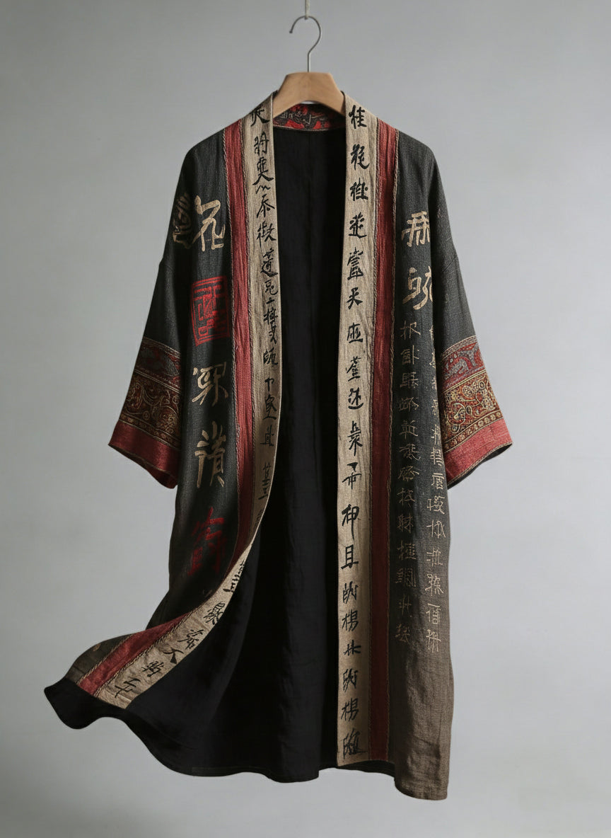 Men's Retro Calligraphy And Painting Art Linen Long Kimono