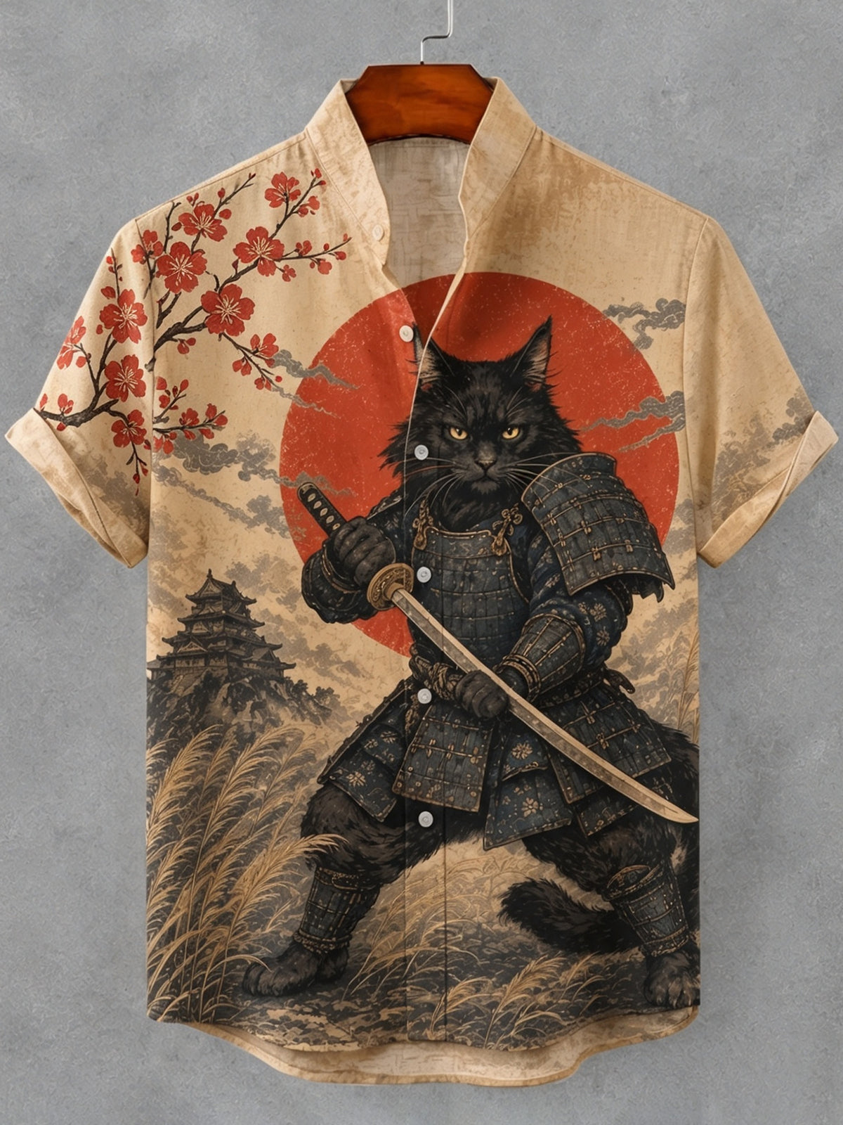 Men's Vintage Japanese Samurai Cat Art Print Button Casual Linen Shirt