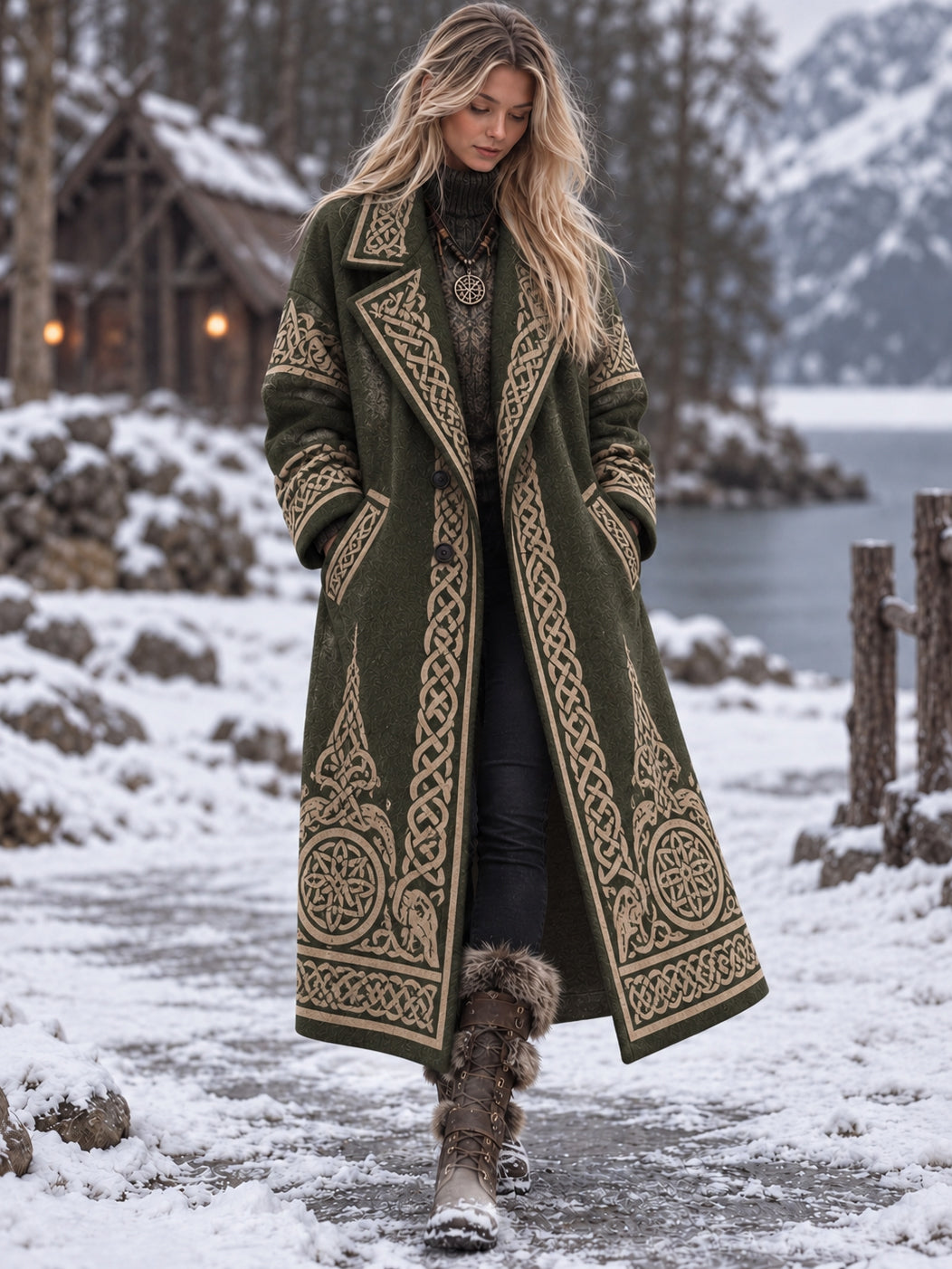Women's Retro Viking Celtic Knot Art Pocket Cozy Coat