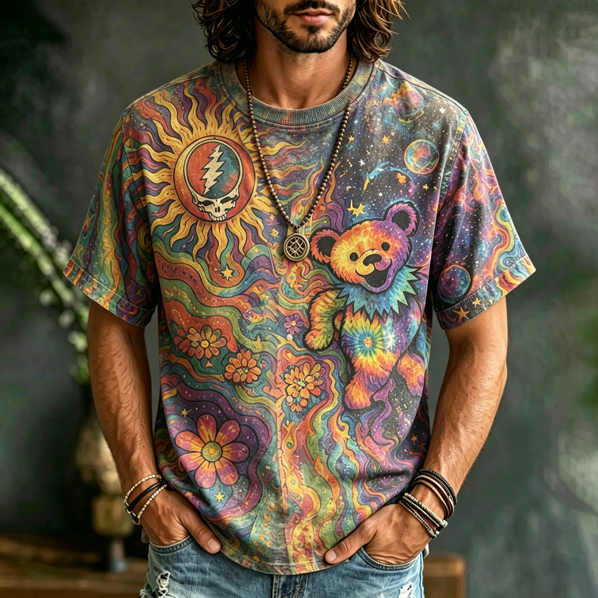 Retro Hippie Style, Washed Grateful Dead Dancing Bear Psychedelic Galaxy Sun Skull Floral Short-sleeved T-shirt