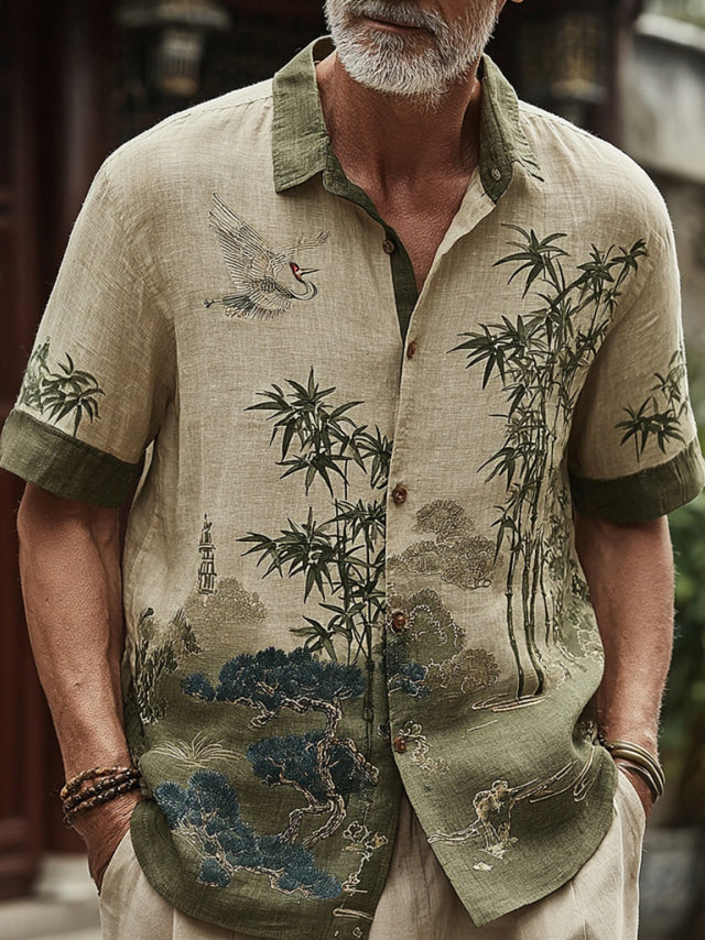 Men's Retro Japanese Bamboo Print Linen Blend Short-sleeve Shirt