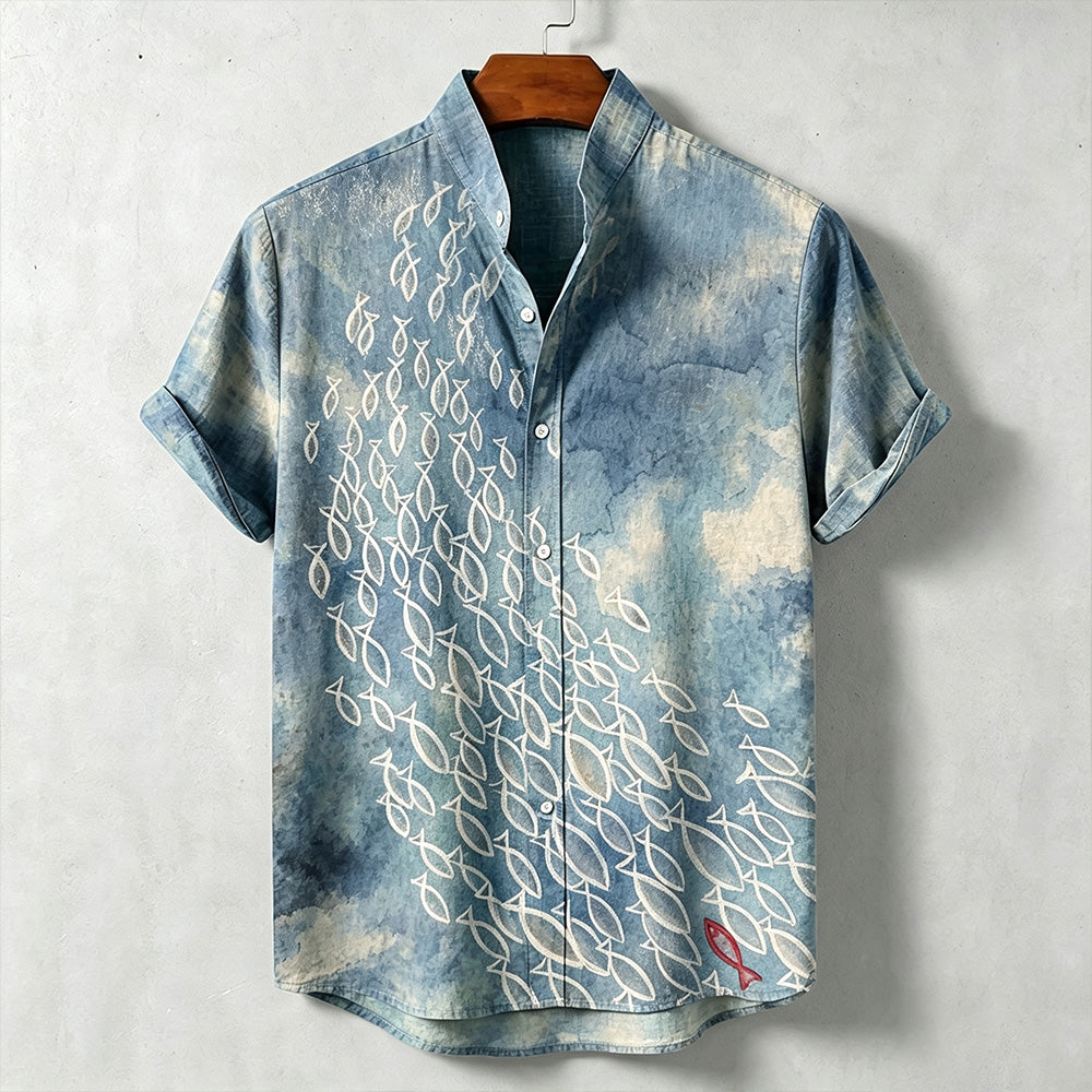 Men's Japanese Style Ocean Fish Print Casual Short-sleeved Shirt