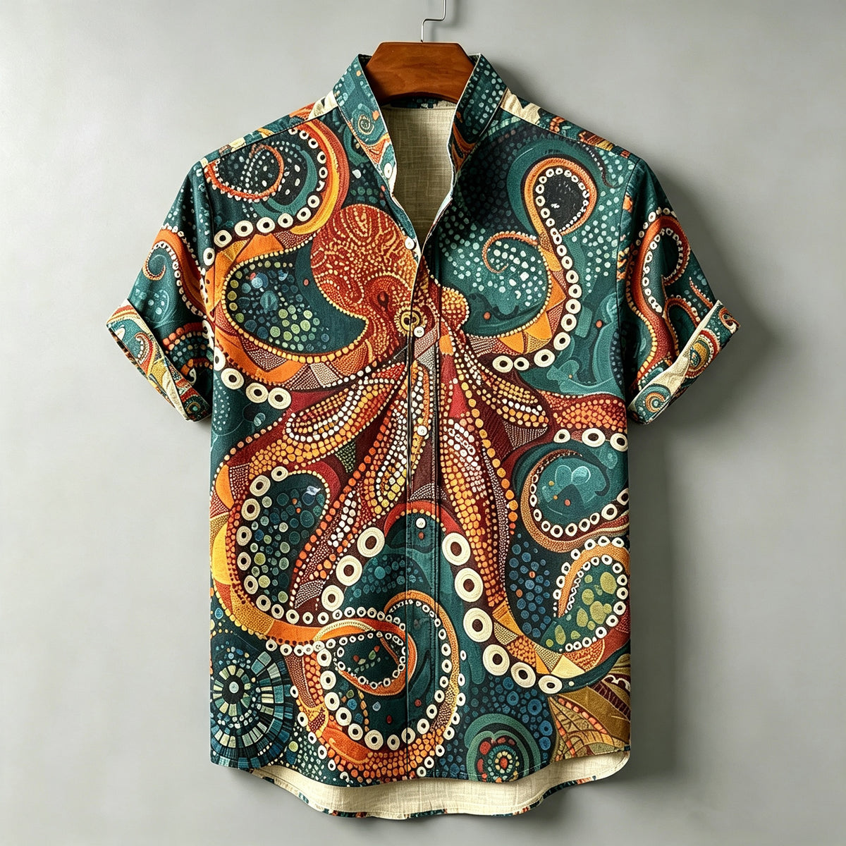 Men's Retro Japanese Octopus Print Linen Short-sleeve Shirt