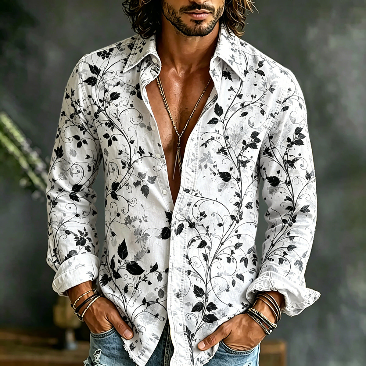 Men's Retro Floral Art Print Linen Casual Shirt