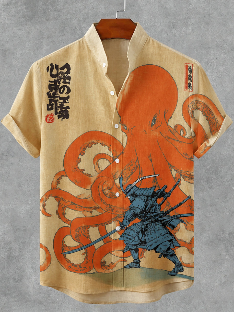 Men's Vintage Japanese Octopus Samurai Art Button Casual Linen Shirt