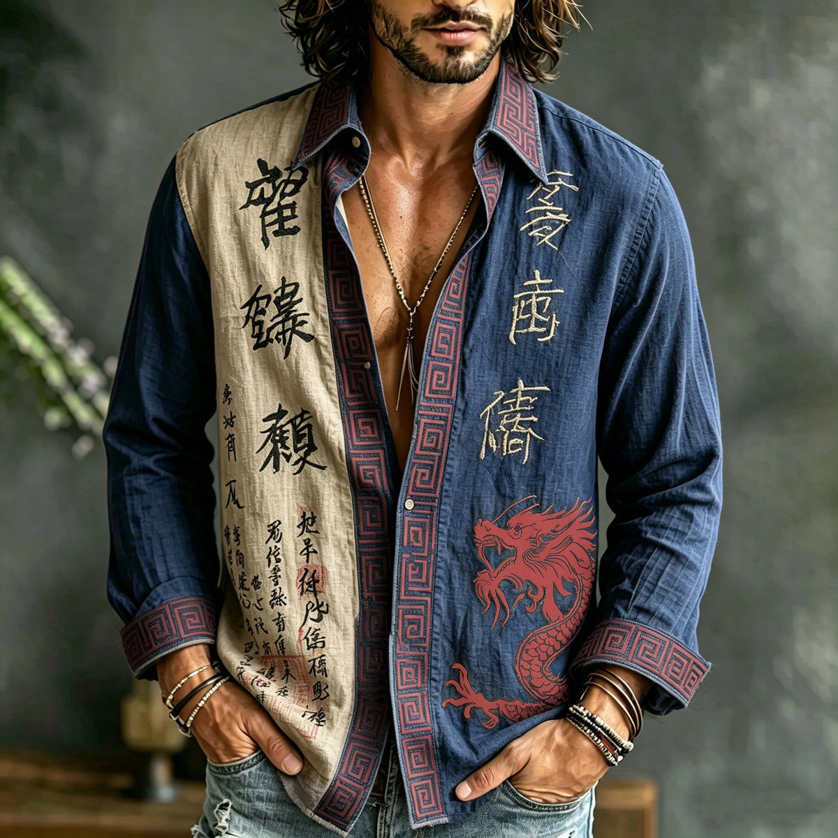 Men's Retro Japanese Calligraphy And Dragon Art Pattern Casual Linen Blend Shirt