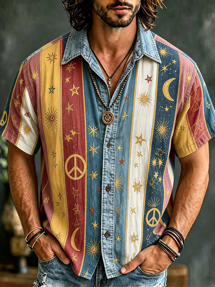 Vintage Hippie Stripe Patchwork Linen Shirt, 3d Embroidery Star & Crescent Casual Summer Short Sleeve Top