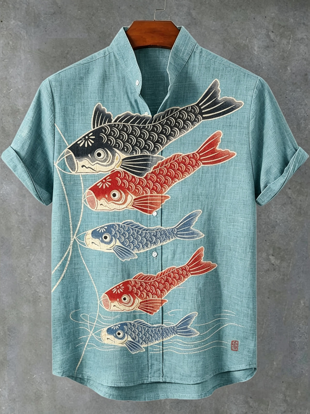 Men's Retro Japanese Art Fish Print Linen Short-sleeve Shirt