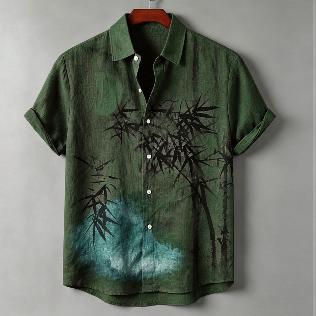 Men's Vintage Oriental Art  Ink Bamboo Moon Landscape Print Linen Short Sleeve Button Down Shirt