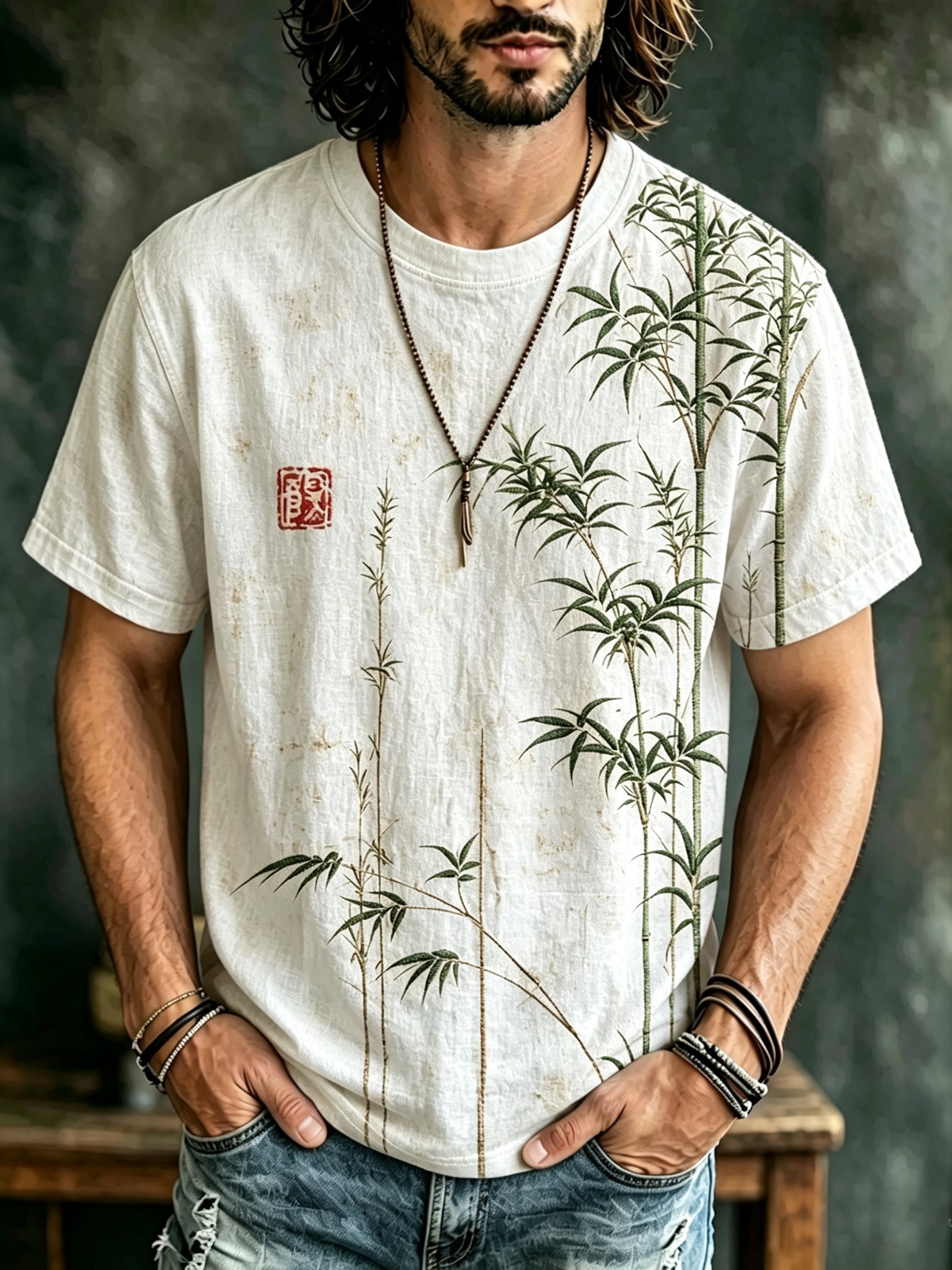 Men's Bamboo Japanese Art Print Casual T Shirt