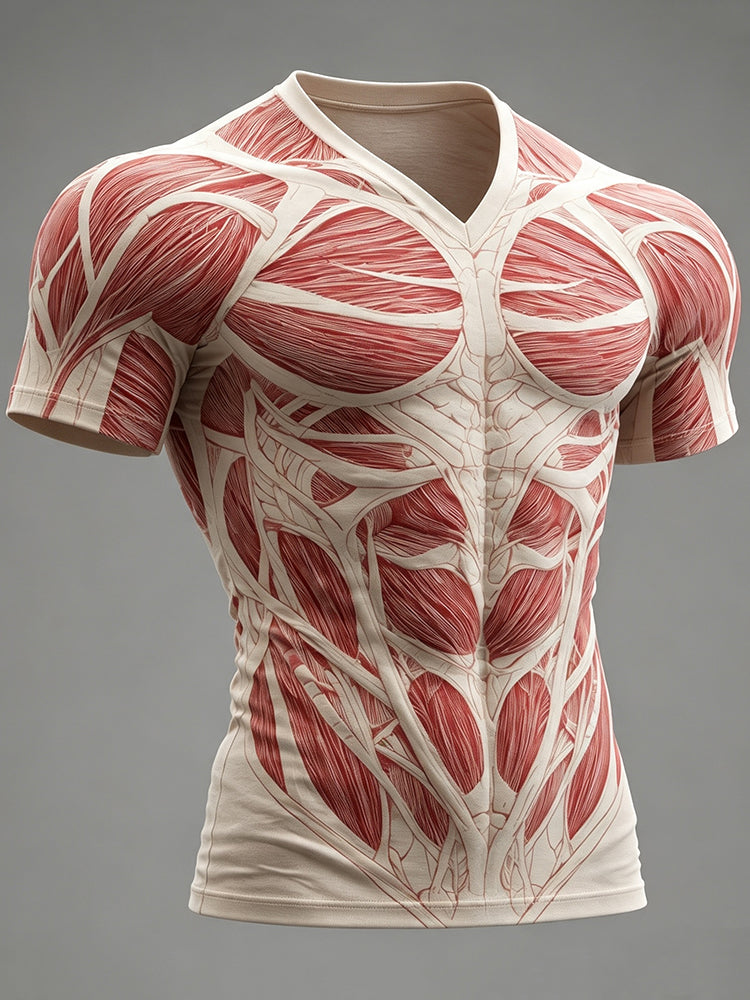 Men's Retro Halloween Human Anatomy Art Pattern Casual V-neck T-shirt