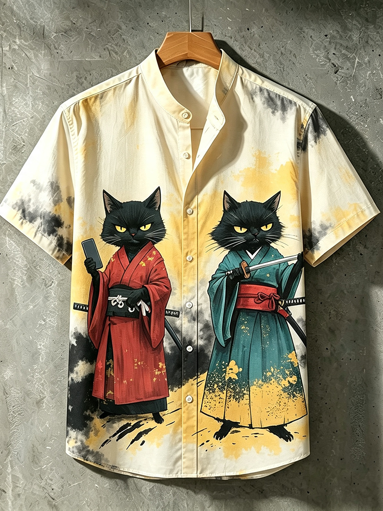 Men's Japanese Samurai Cat Print Shirt - Tie-dye Short Sleeve Stand Collar Top