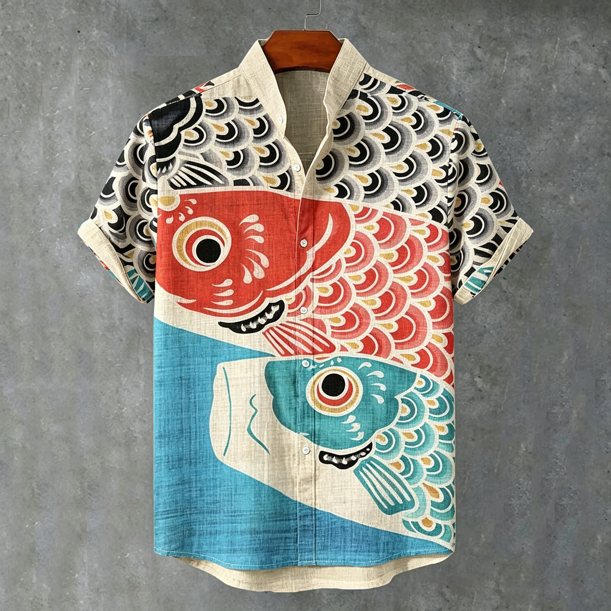 Men's Retro Art Color Block Fish Print Linen Short-sleeve Shirt