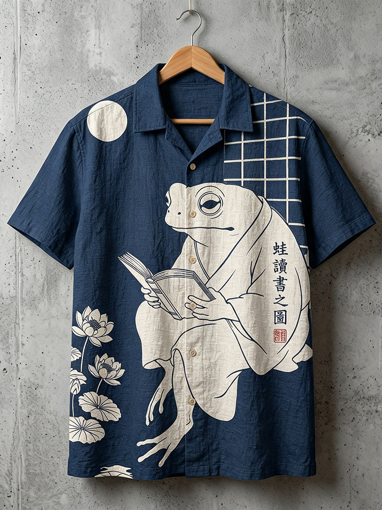 Men's Vintage Japanese Frog And Floral Art Print Short Sleeve Shirt