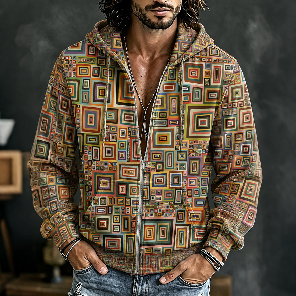 Men's Retro Hippie Geometry Art Print Casual Zip Up Hoodie