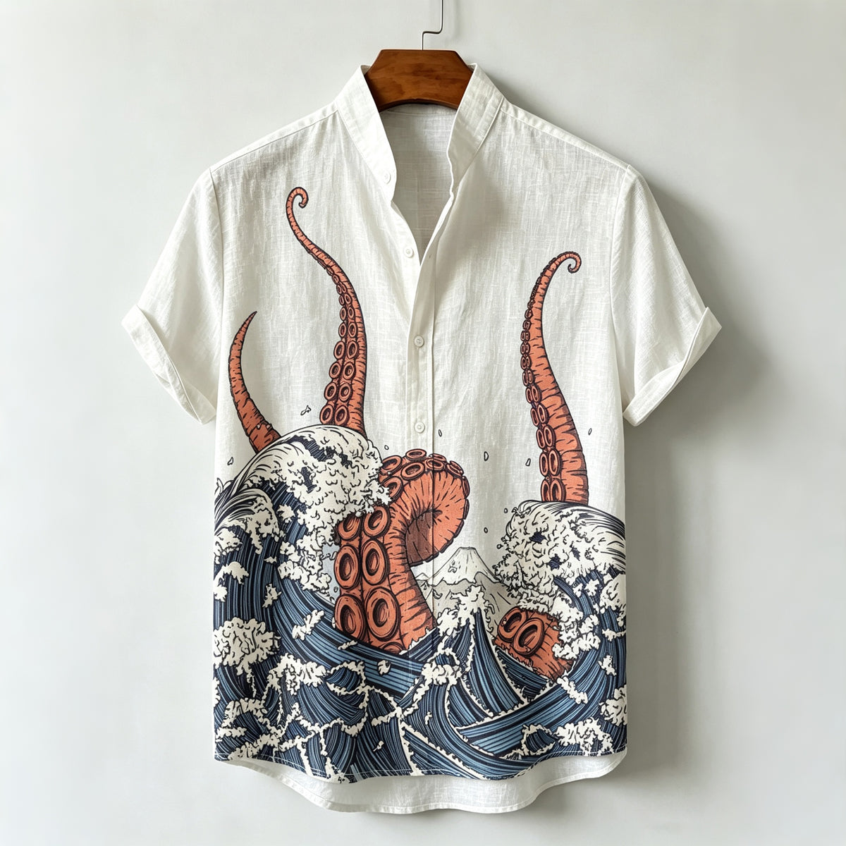 Men's Japanese Octopus And Ocean Waves Art Print Shirt