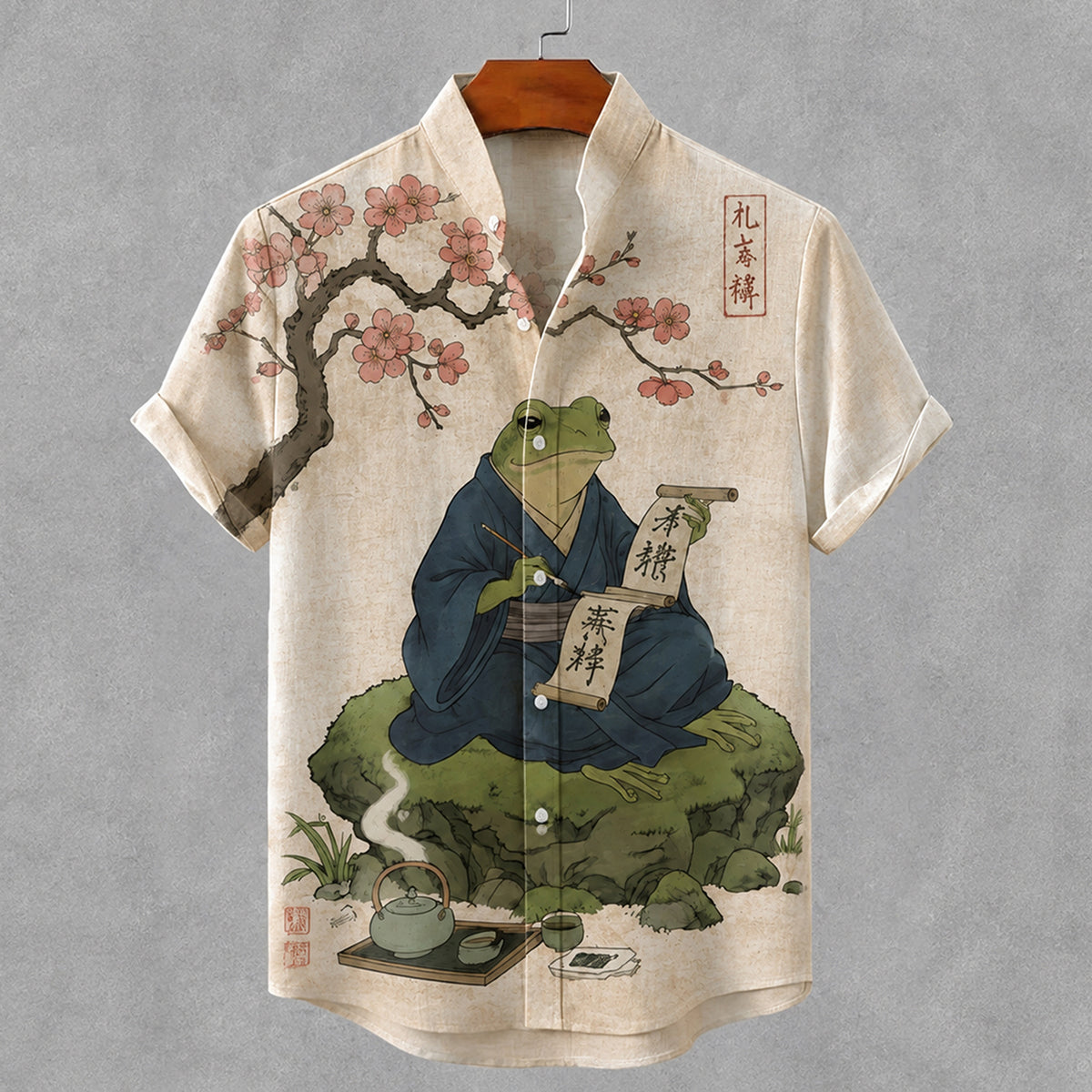 Men's Vintage Japanese Frog Art Print Casual Linen Shirt
