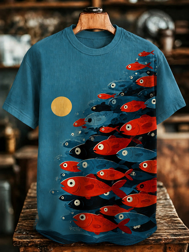 Men's Retro Japanese Fish Color Block Art Print Casual T-shirt