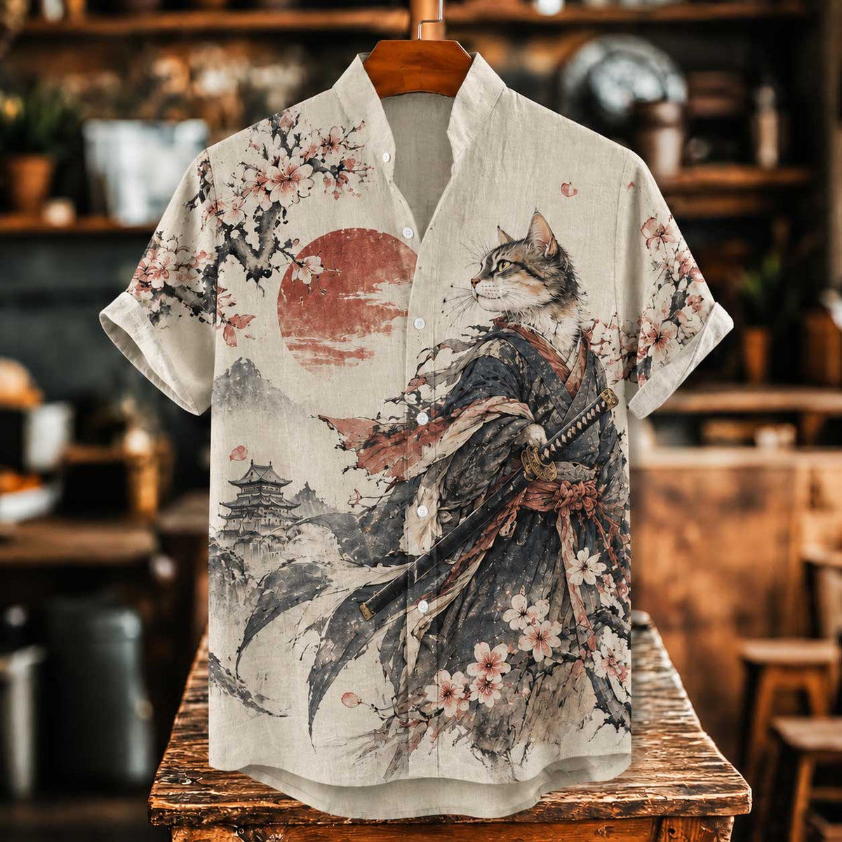 Men's Vintage Japanese Samurai Cat With Sword Art Print Short Sleeve Linen Shirt