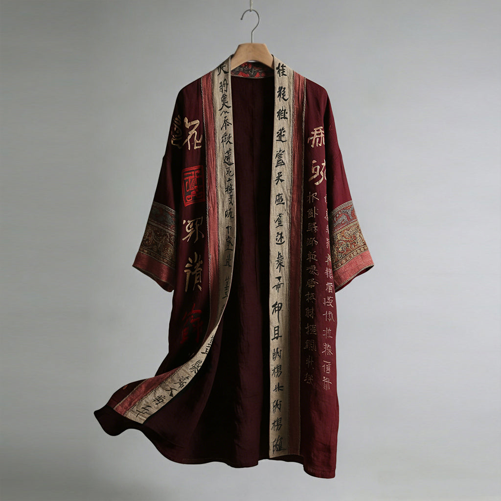 Men's Retro Calligraphy And Painting Art Linen Long Kimono
