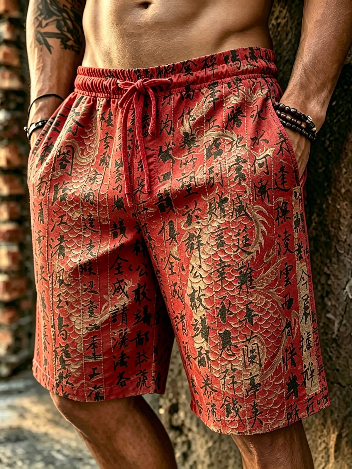 Men's Retro Japanese Dragon And Calligraphy Print Casual Shorts