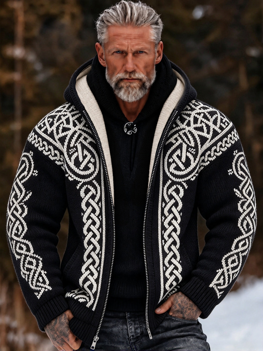 Men's Vintage Viking Celtic Knot Cozy Warm Knitted Jacquard Zipper Hooded Sweater