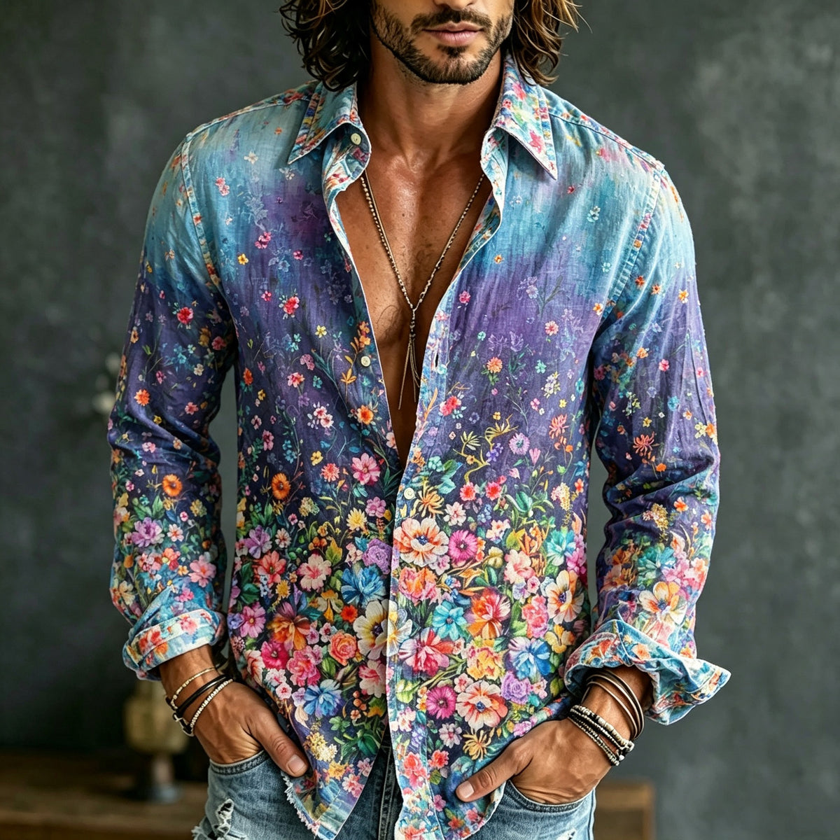 Men's Retro Bohemian Floral Print Linen Shirt.