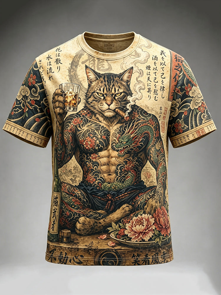 Men's Retro Japanese Cat Art Print Crew Neck Short Sleeve T-shirt
