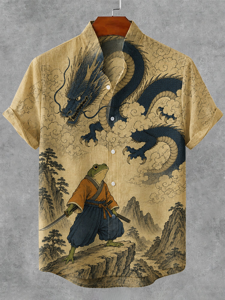 Men's Vintage Japanese Frog And Dragon Art Print Casual Linen Shirt