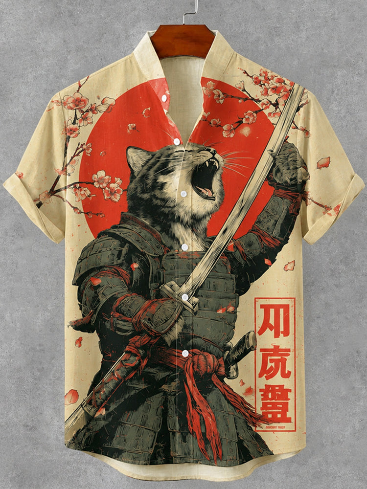 Men's Vintage Japanese Samurai Cat Art Print Button Casual Linen Shirt