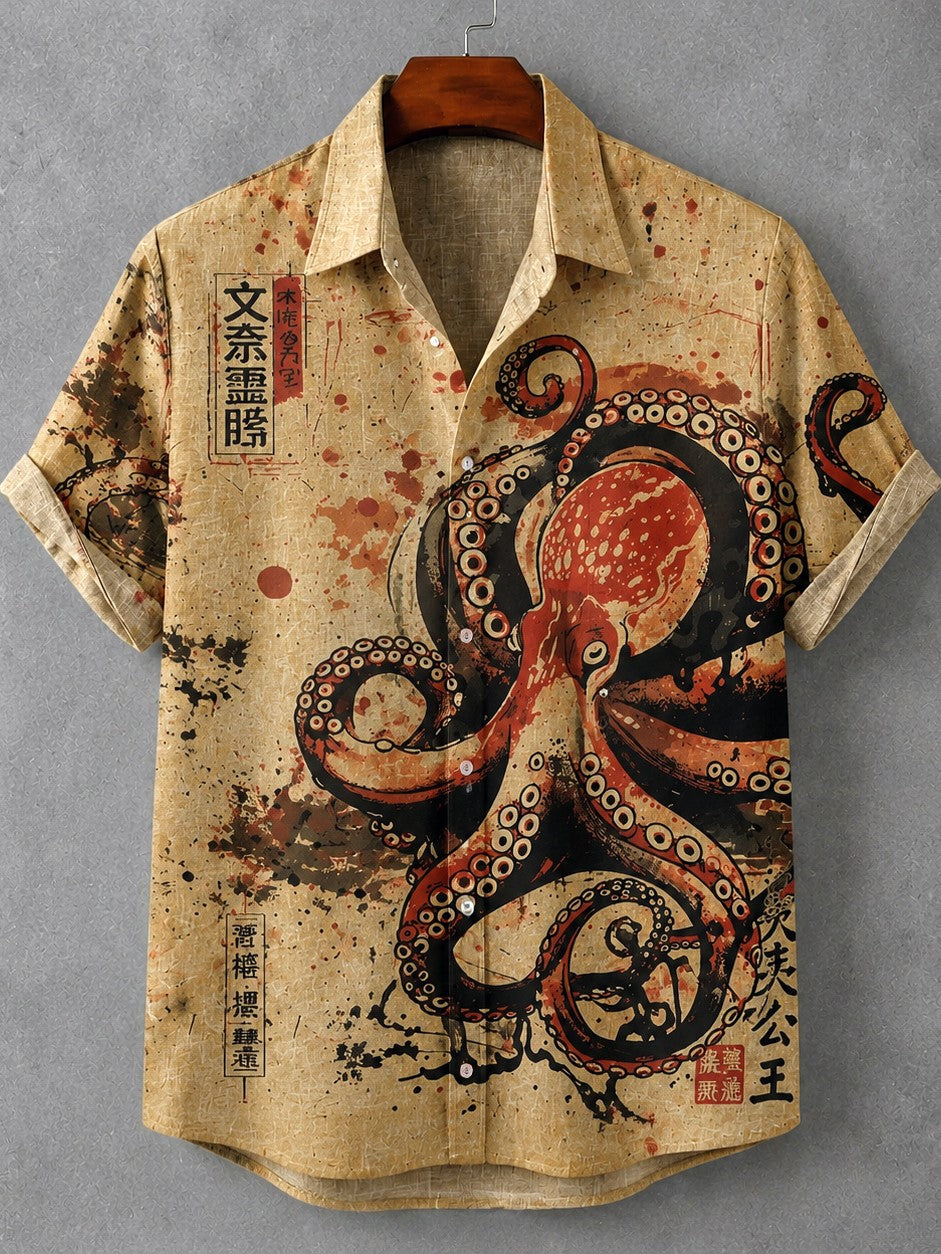Men's Retro Japanese Art Octopus Print Linen Short-sleeve Shirt