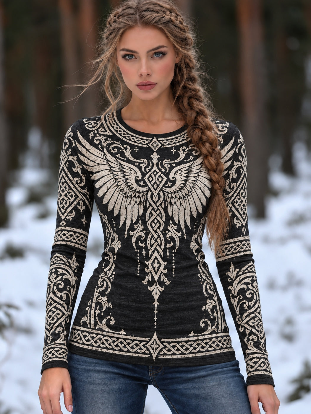 Women's Vintage Viking Wing And Celtic Knot Print Long Sleeve T-shirt