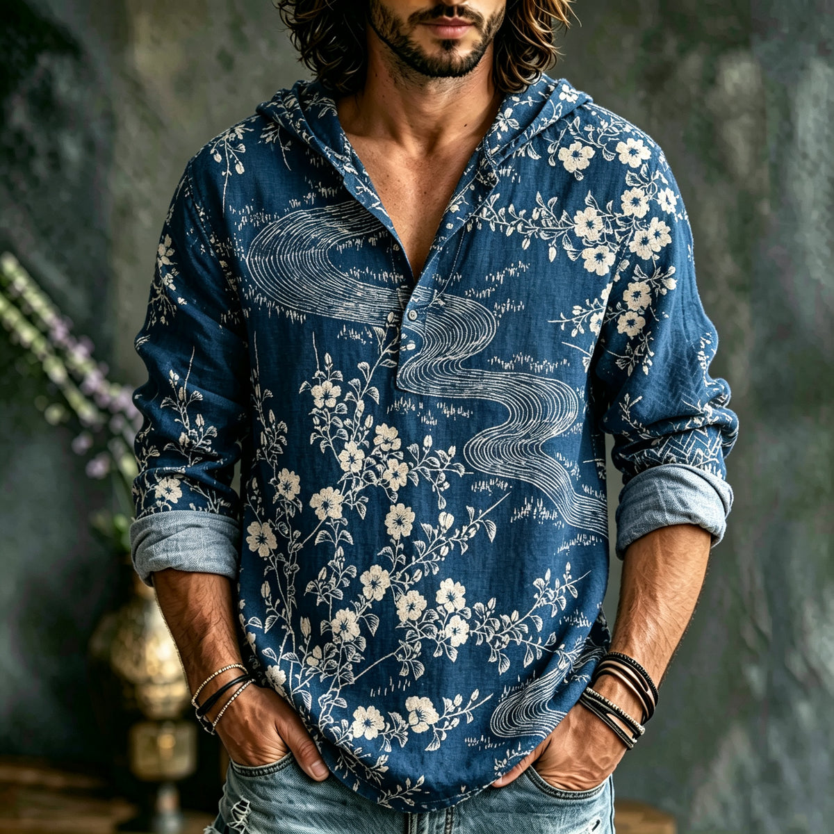 Men's Japanese Art Vacation Floral Linen Hooded Top