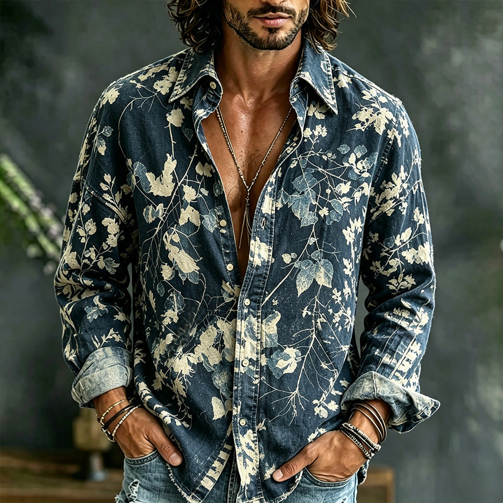 Men's Vintage Plant-dyed Printed Blend Long-sleeved Shirt