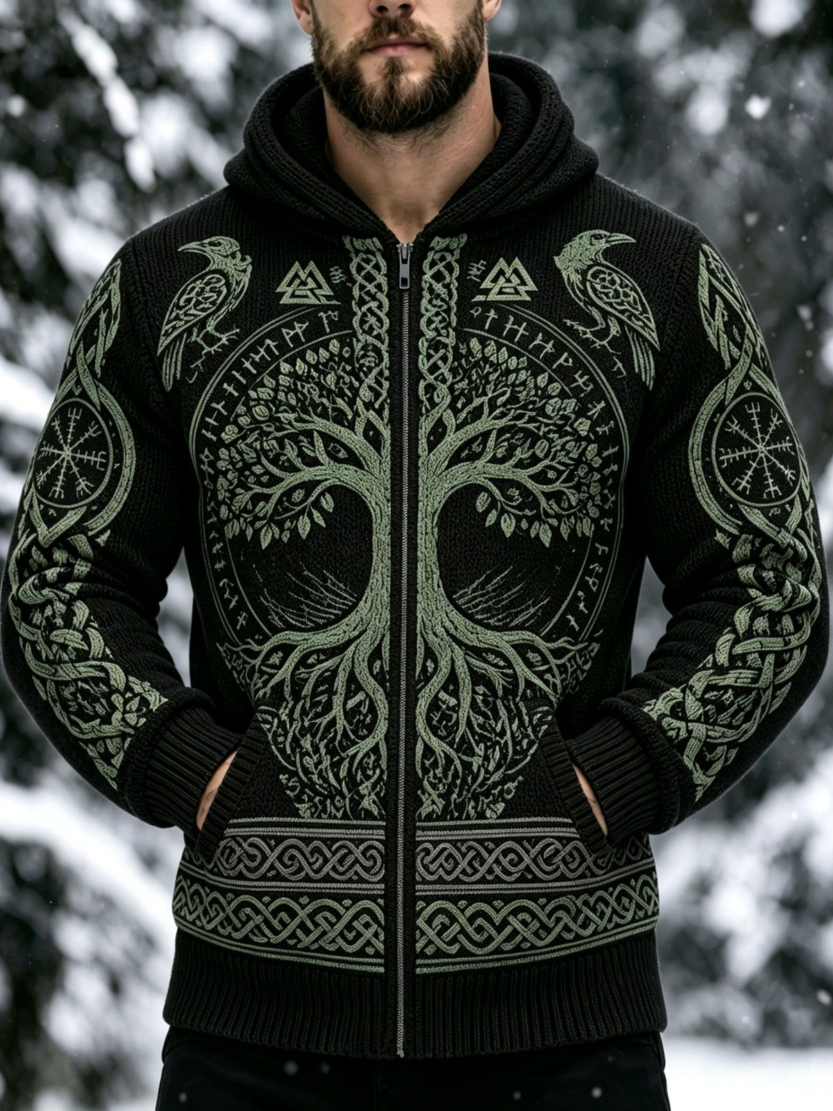 Men's Retro Viking Tree Of Life Celtic Knot Print Sweater Jacket