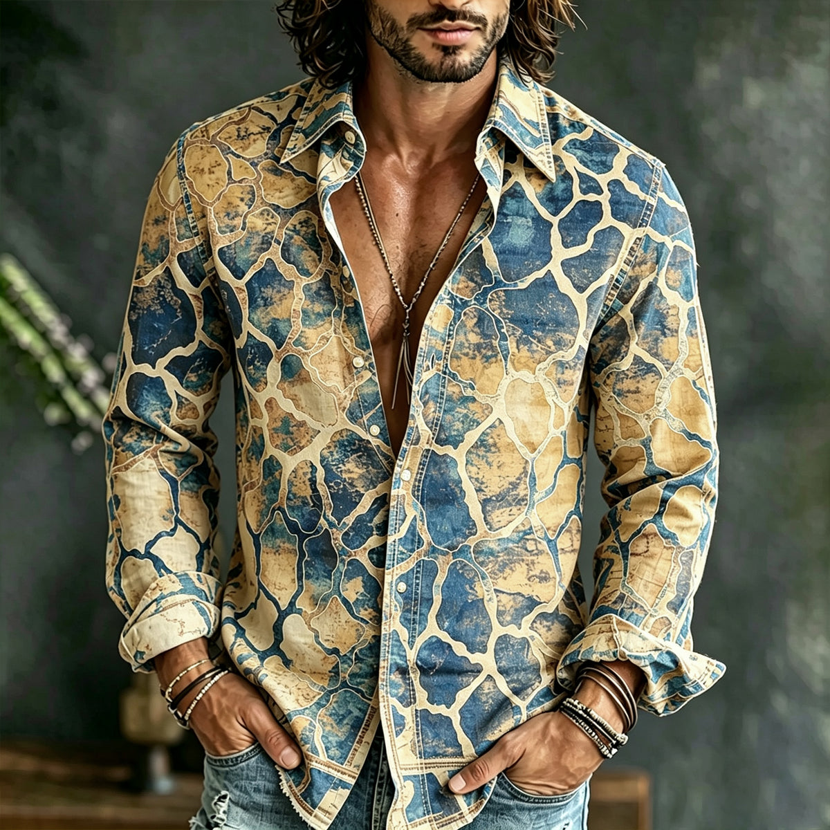 Men's Vintage Geometric Art Gradient Linen Long-sleeved Top