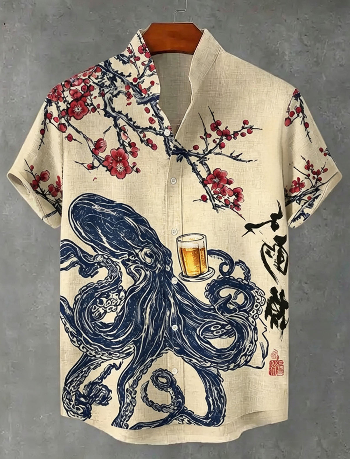 Vacation Octopus Drinking Beer Art Print Men's Short Sleeve Button Up Shirt