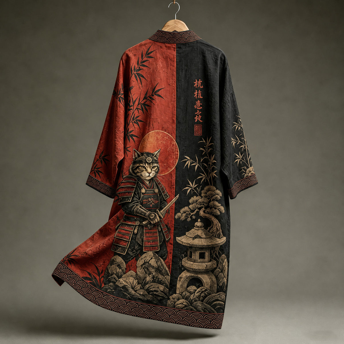 Men's Retro Samurai Cat Art Print Linen Blend Long Kimono