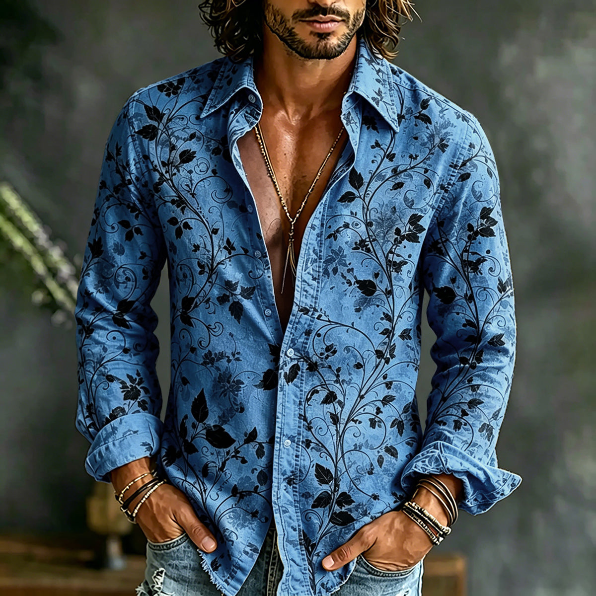 Men's Retro Floral Art Print Linen Casual Shirt